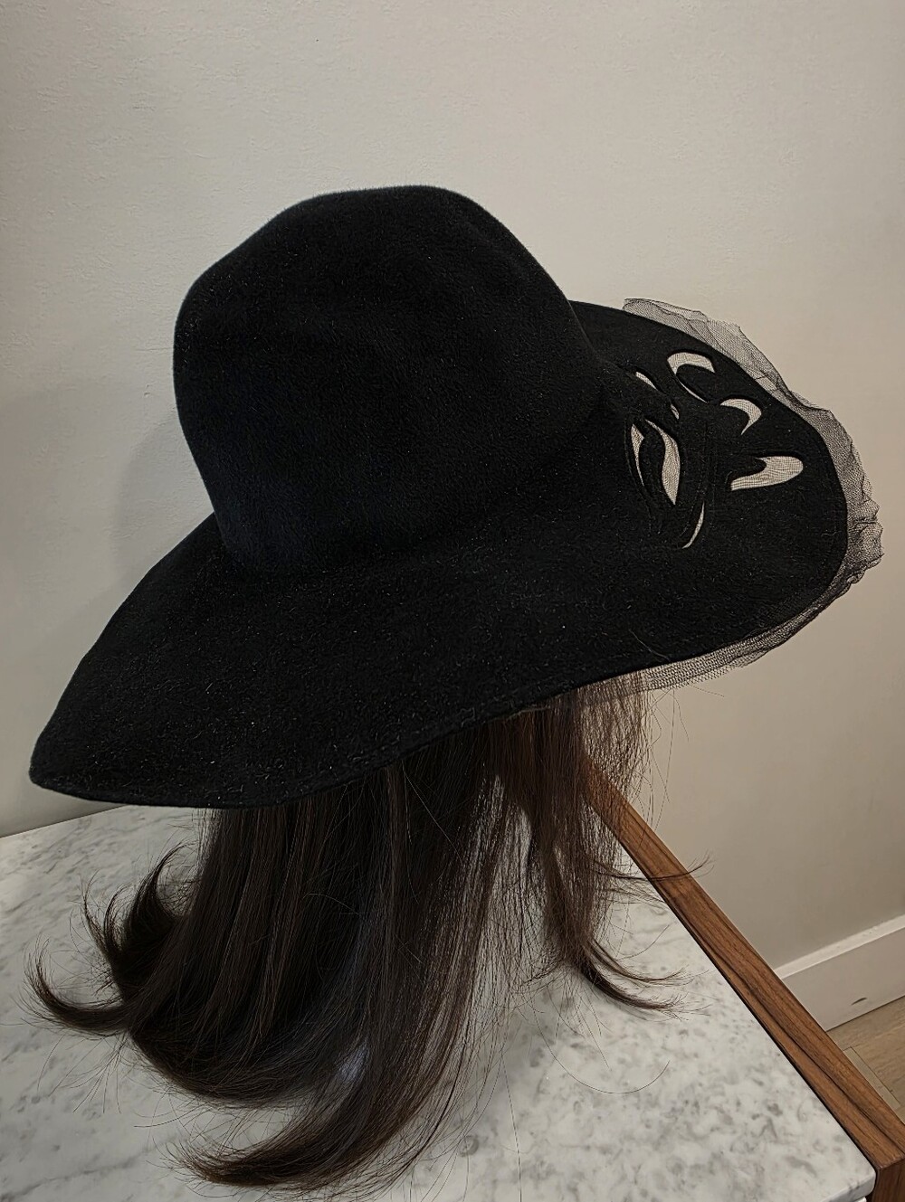 Lola Hats Elegant Black Wide-Brim Felt Hat with Cut Out Detail